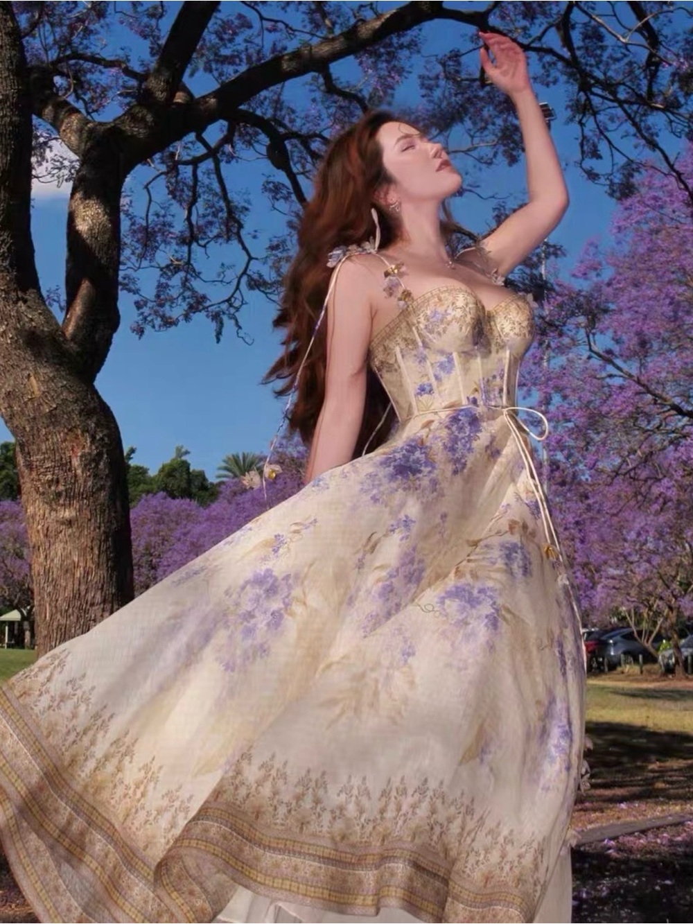 Zimmermann Gold and Lavender Floral Corset Maxi Dress size 0